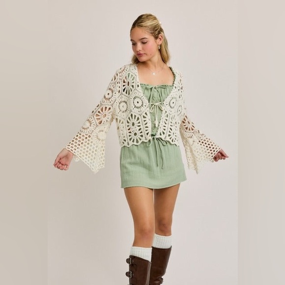 Long Sleeve Crochet Front Tie Open Cardigan Top - Le Lis